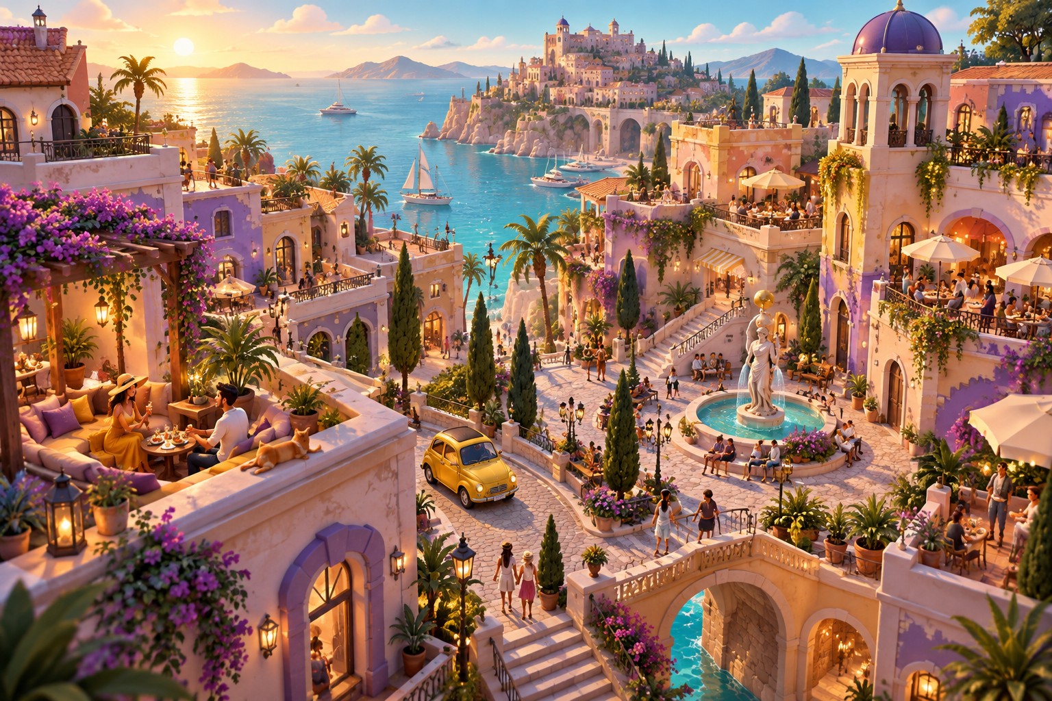 Sunlit miniature city with palm trees and colorful buildings