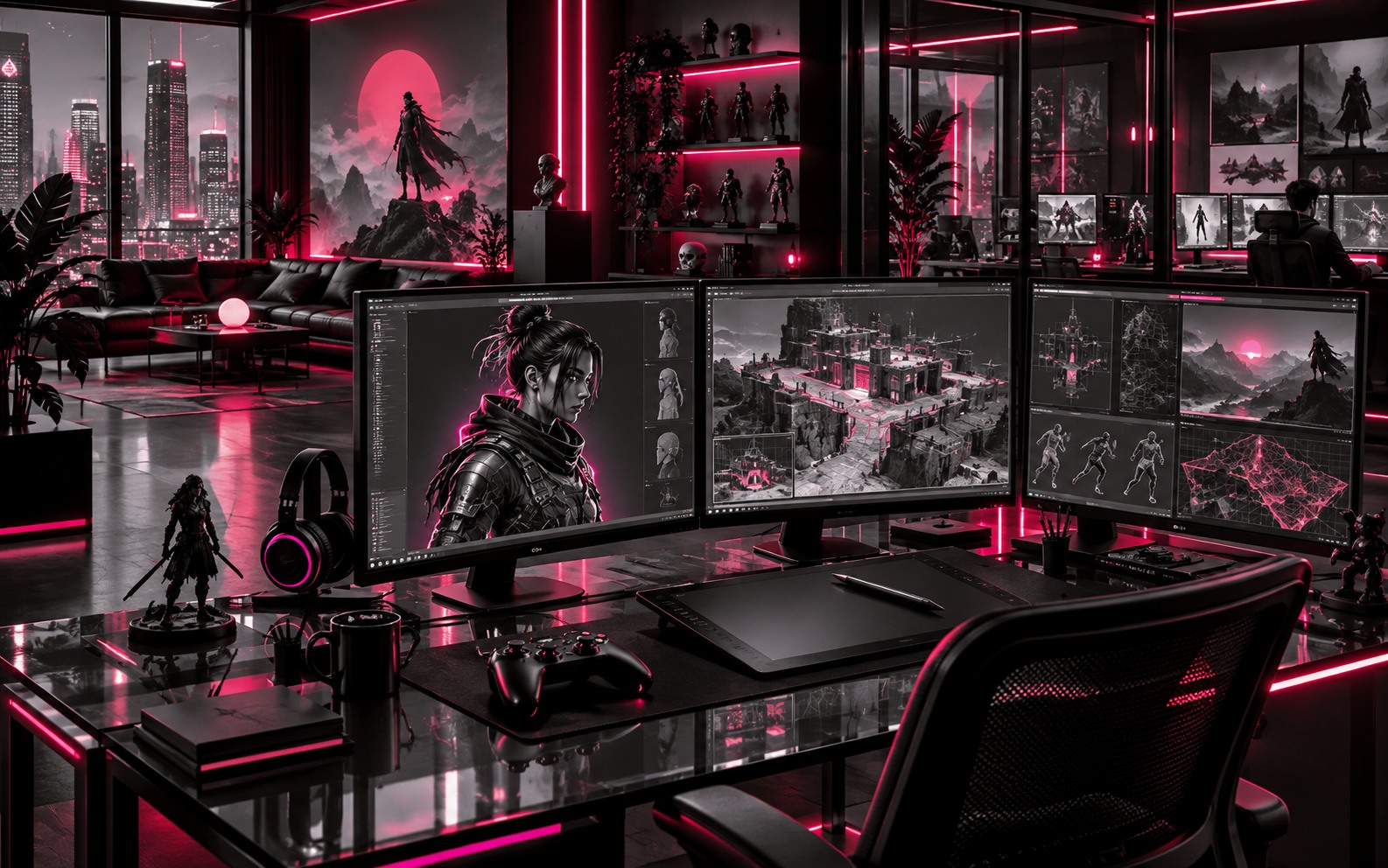 A monochrome creative workspace with pink light accents
