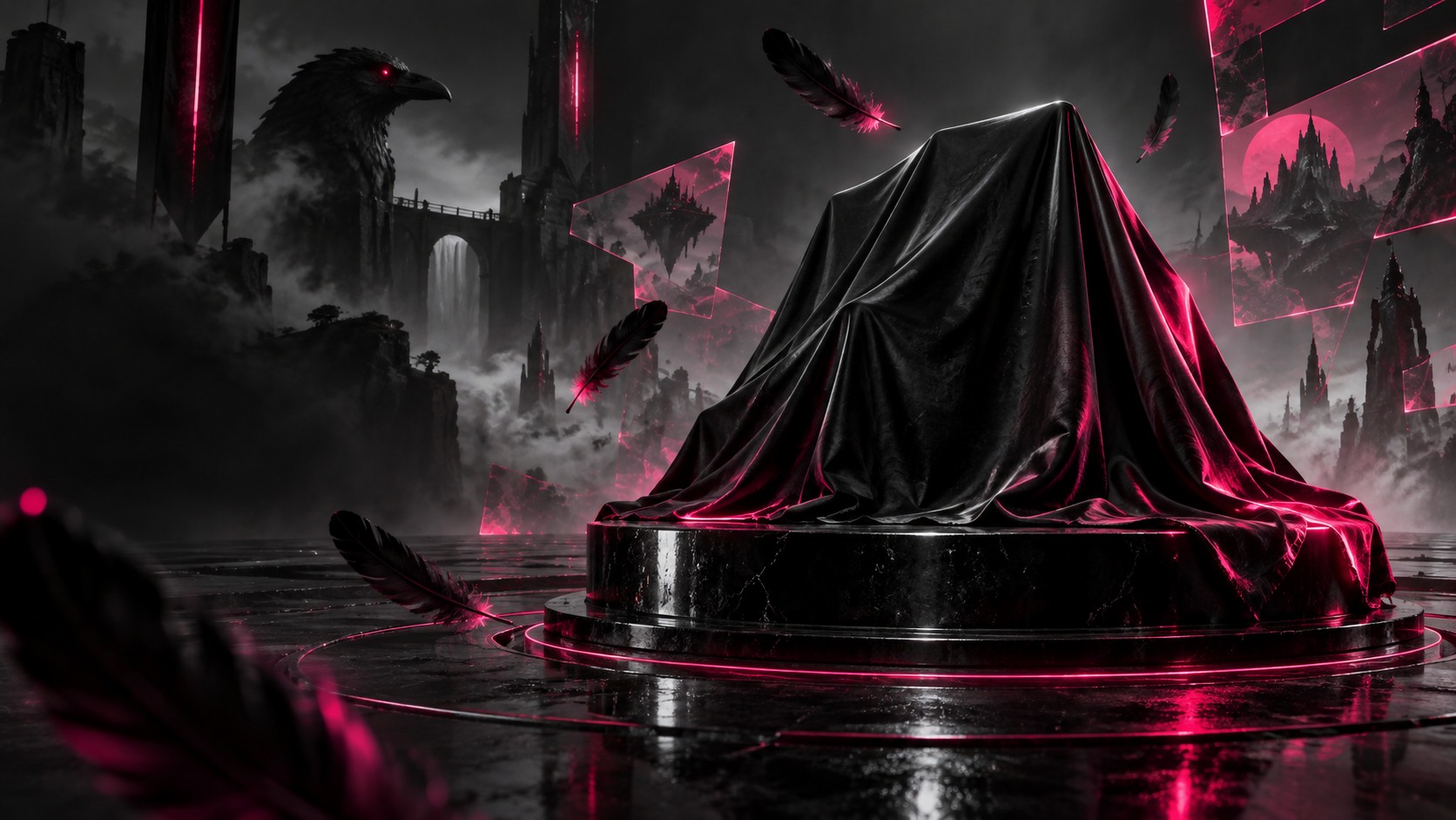 An unknown artifact under black silk with a pink edge light